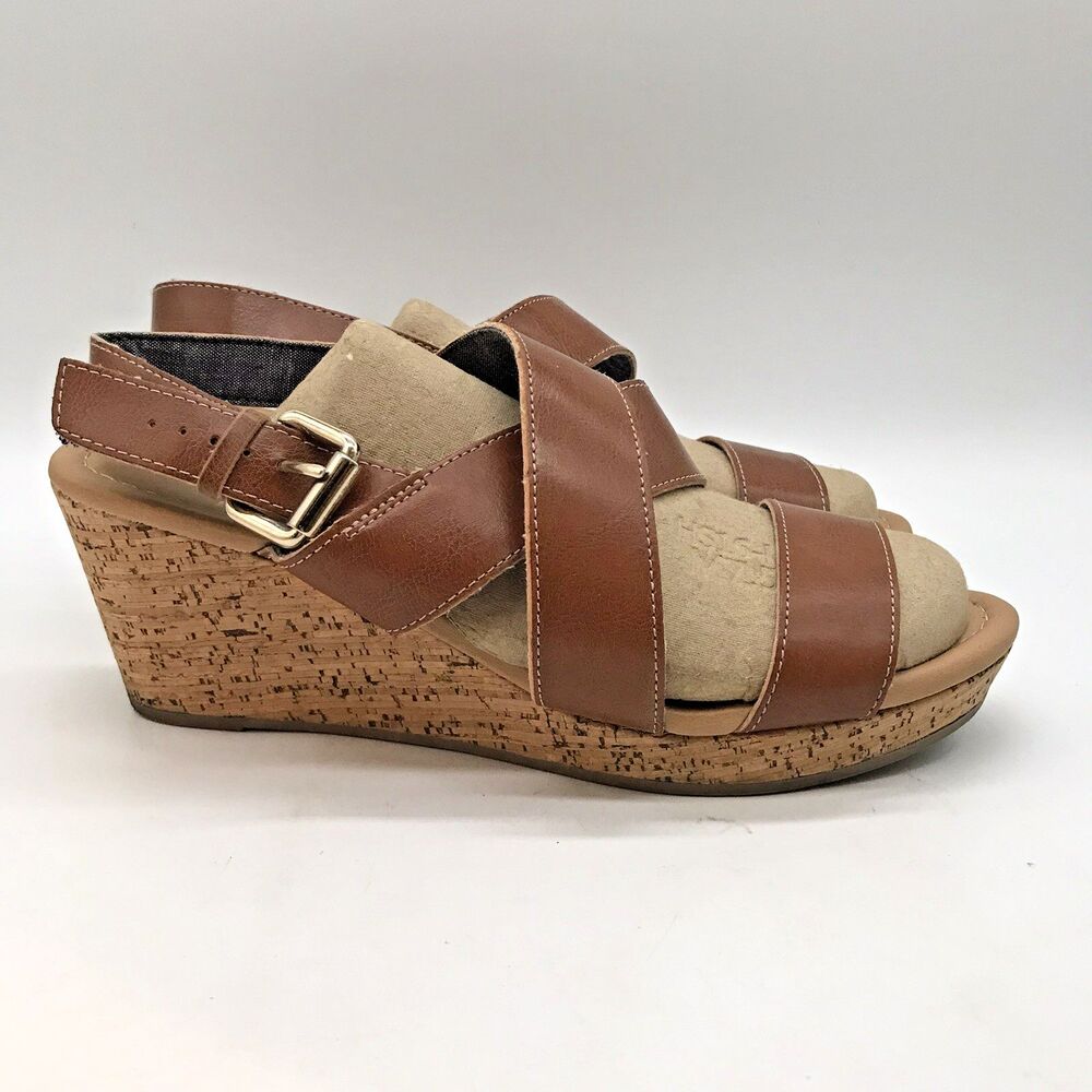 Dr. Scholl's Brenda Wedge Sandal Women's 9.5M Tan Leather & Cork Strappy Shoes